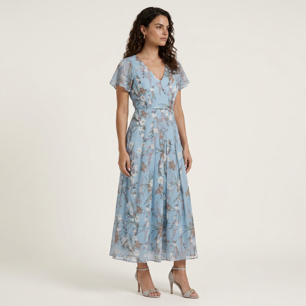 Robe Longue Fleurie Femme Col V Manches Volantes
