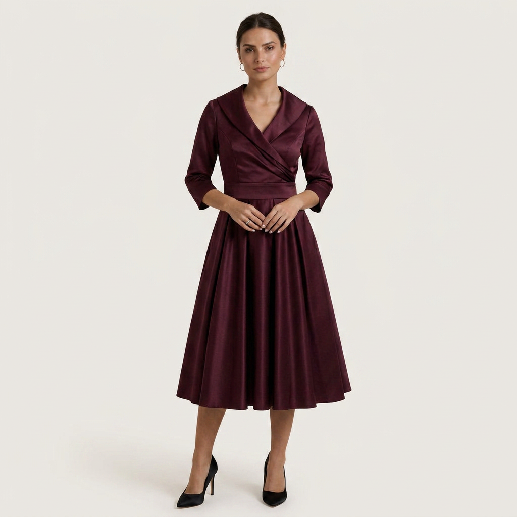 Robe Midi Portefeuille Femme Col Châle Manches 3/4