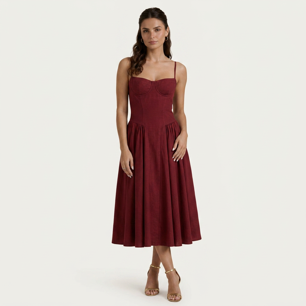 Robe Midi Femme Décolleté Cœur Bretelles Fines
