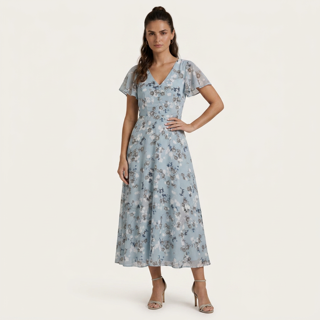 Robe Longue Fleurie Femme Col V Manches Volantes