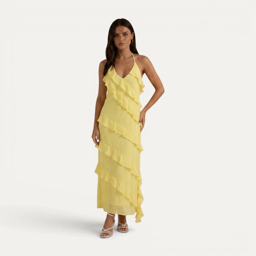 Robe Longue Femme Jaune Volants Col Halter