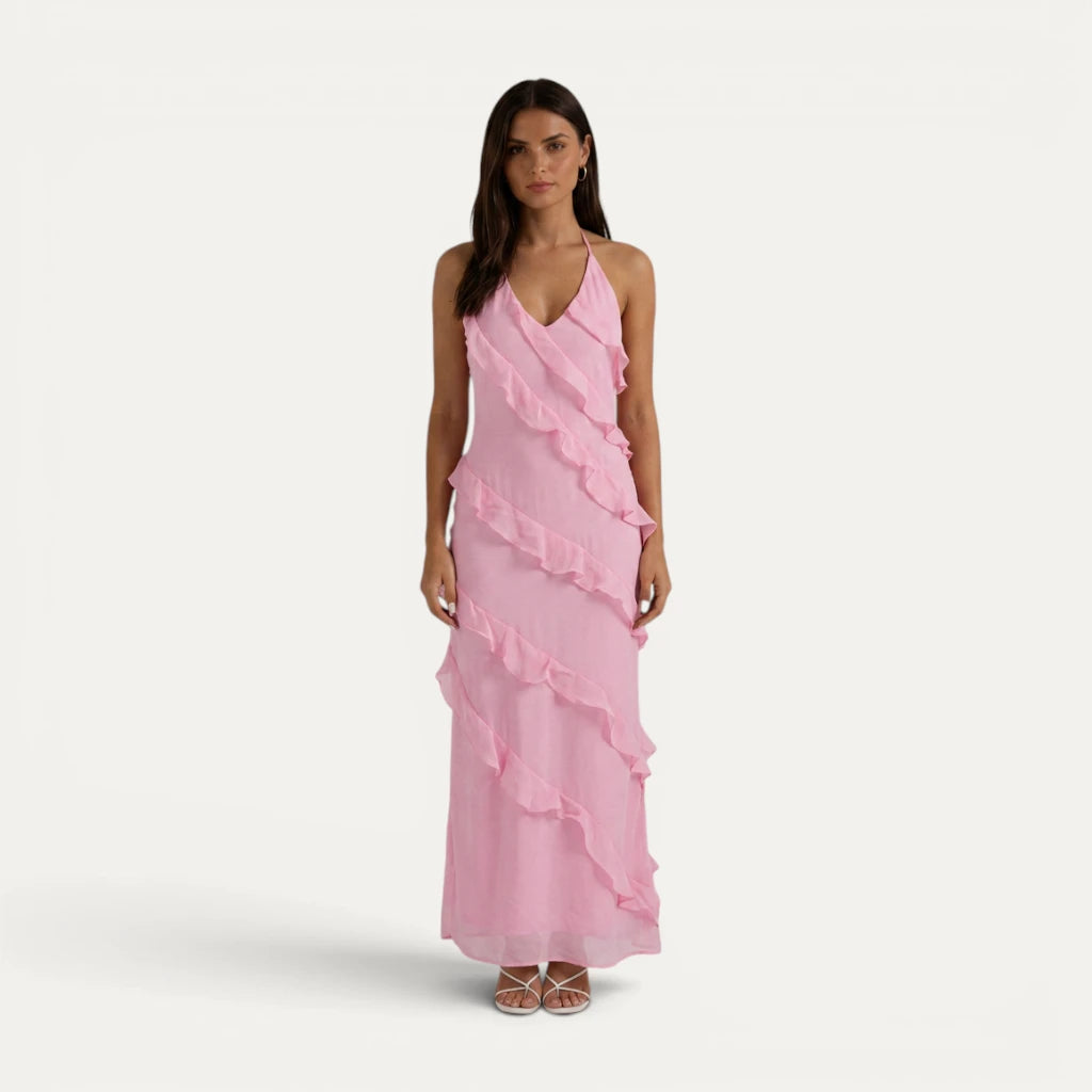 Robe Longue Femme Jaune Volants Col Halter