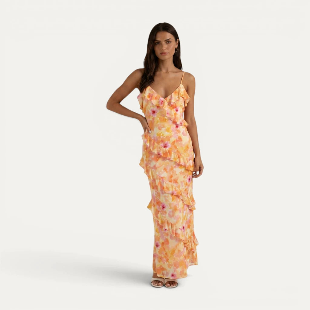Robe Longue Femme Jaune Volants Col Halter