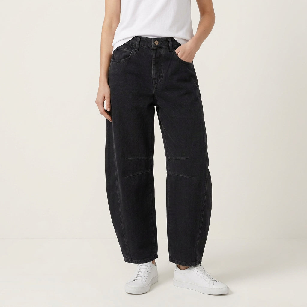 Jean Barrel Femme Denim Délavé Coutures Structurées