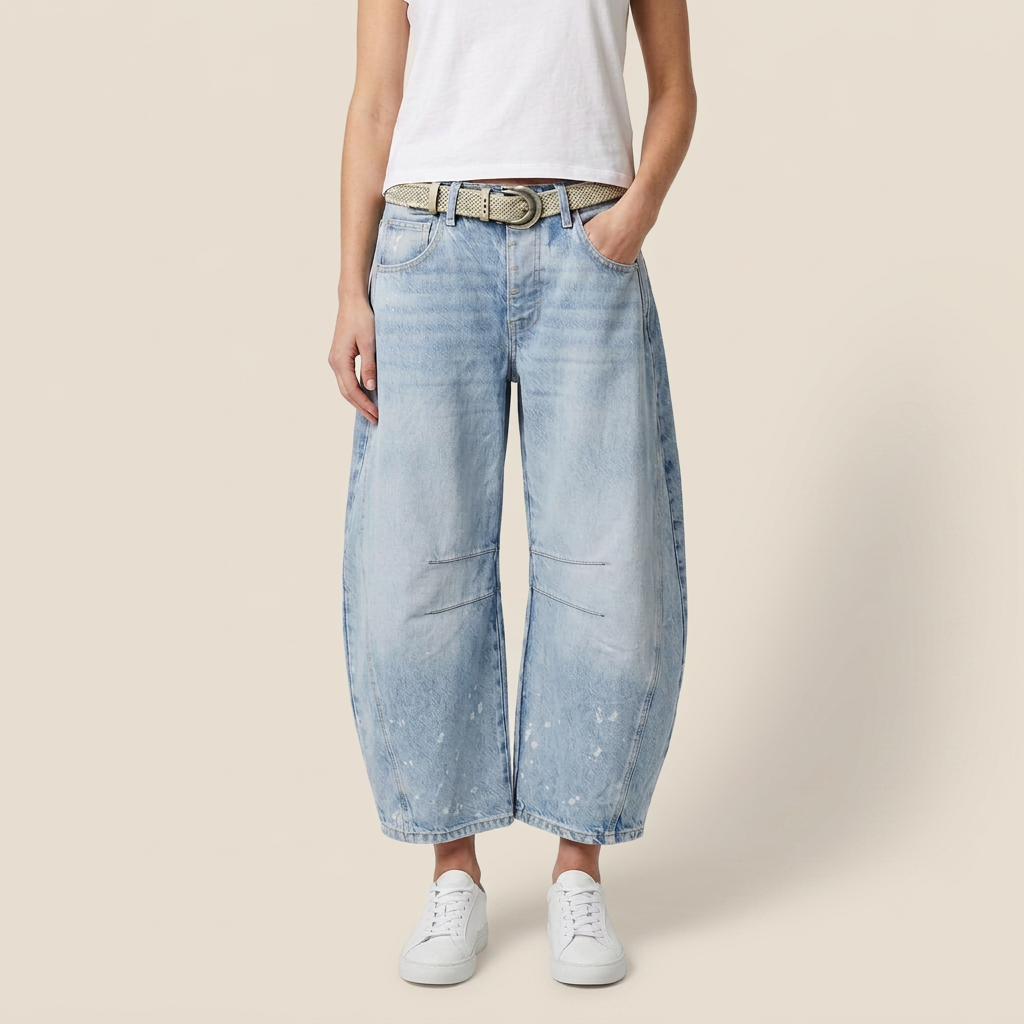 Jean Barrel Femme Denim Délavé Coutures Structurées