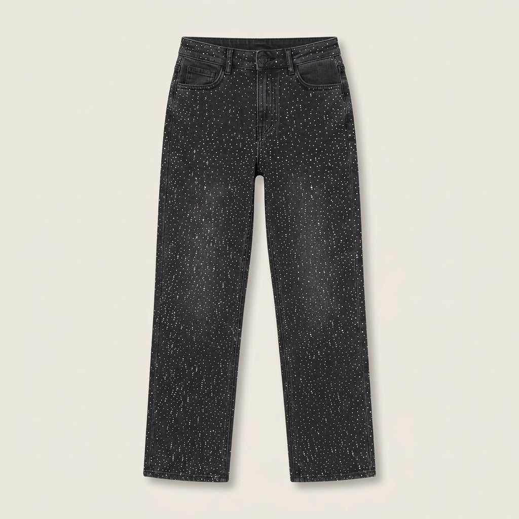 Jean Droit Femme Strass Denim Délavé