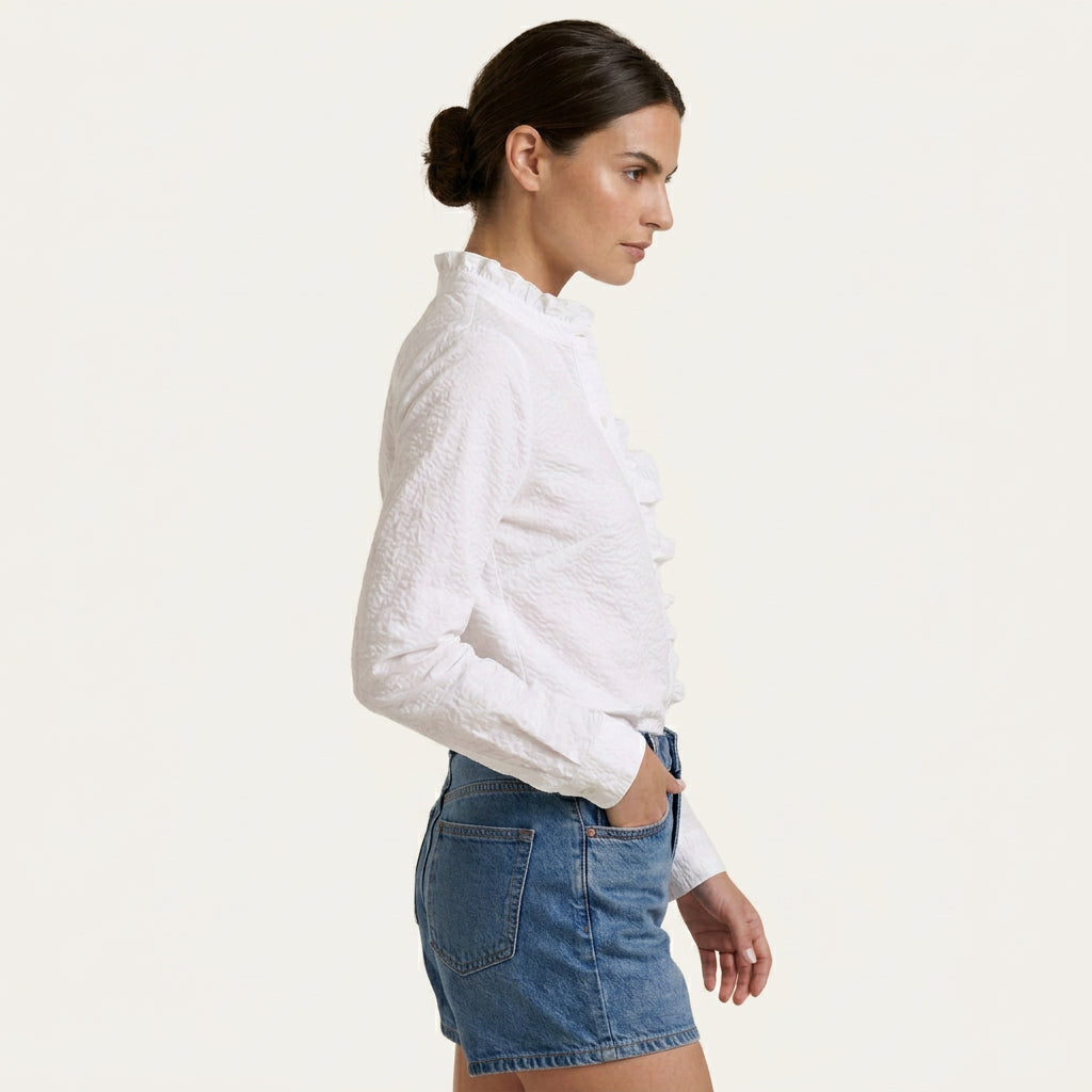 Chemisier Femme Rayé À Volants Boutonné