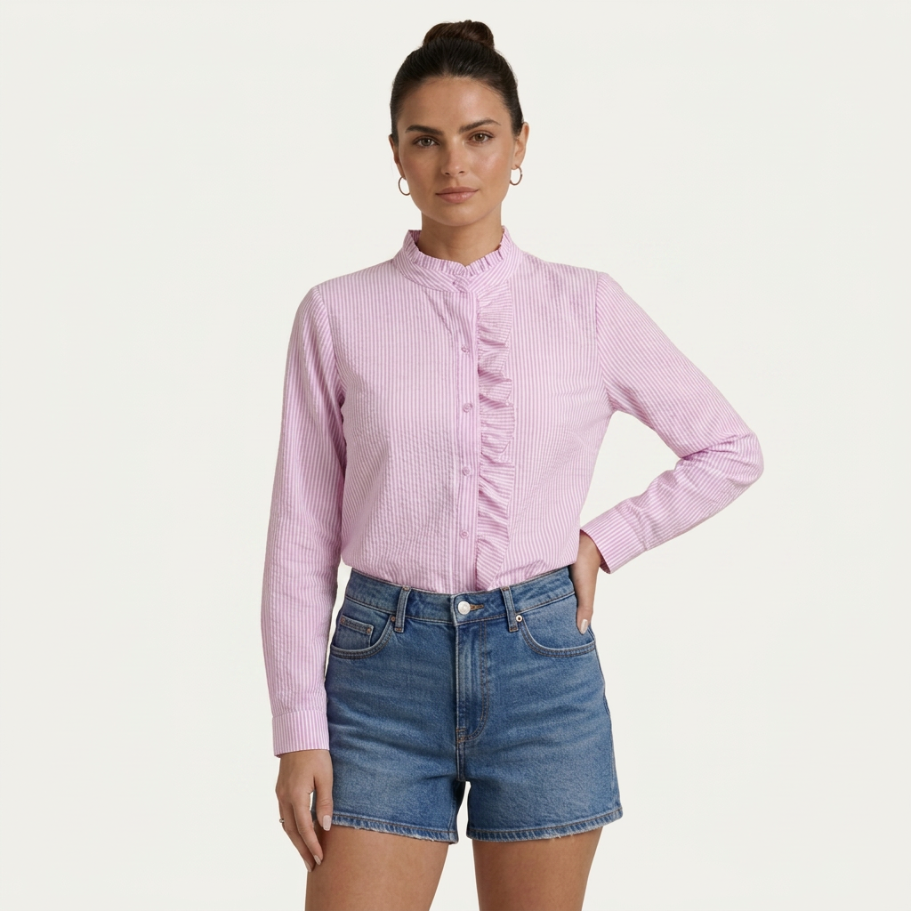 Chemisier Femme Rayé À Volants Boutonné