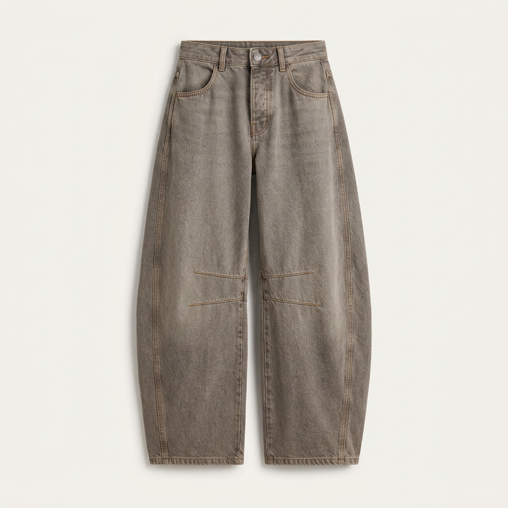 Jean Barrel Femme Denim Délavé Coutures Structurées