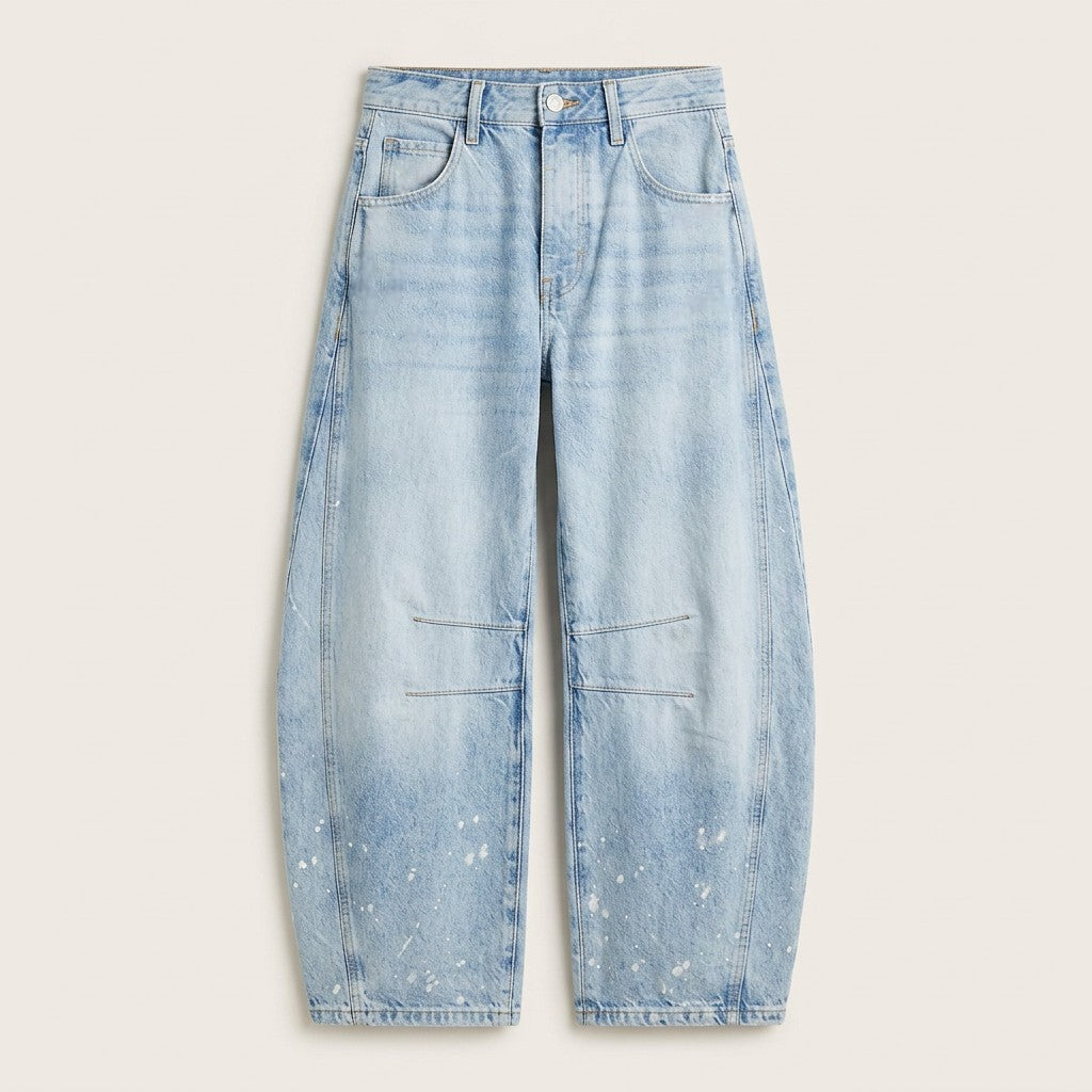 Jean Barrel Femme Denim Délavé Coutures Structurées