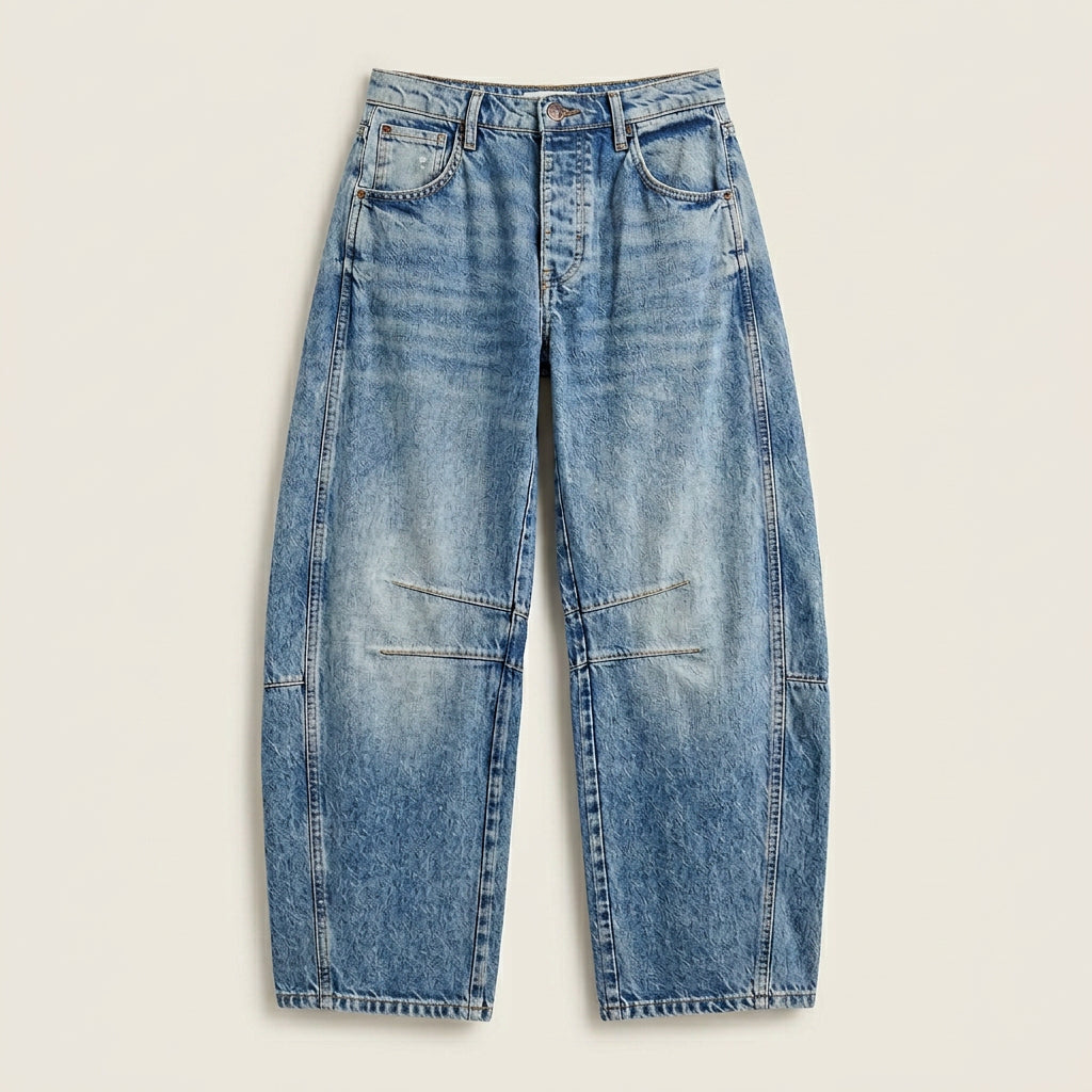 Jean Barrel Femme Denim Délavé Coutures Structurées