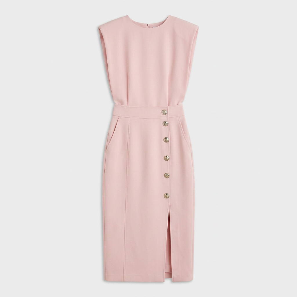 Robe Midi Sans Manches Femme Boutons Décoratifs