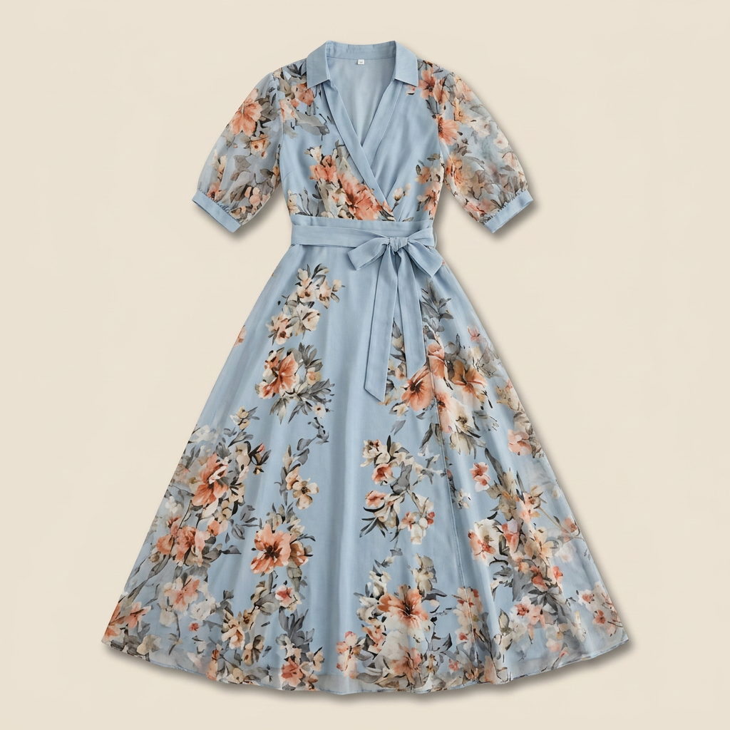 Robe Midi Fleurie Femme Portefeuille Ceinture Nouée