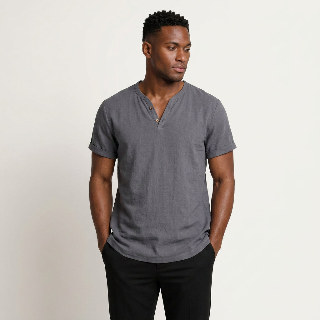 T-Shirt Henley Homme Col Boutonné Manches Courtes