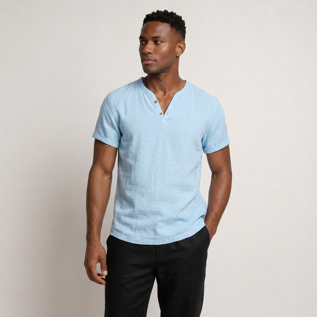 T-Shirt Henley Homme Col Boutonné Manches Courtes