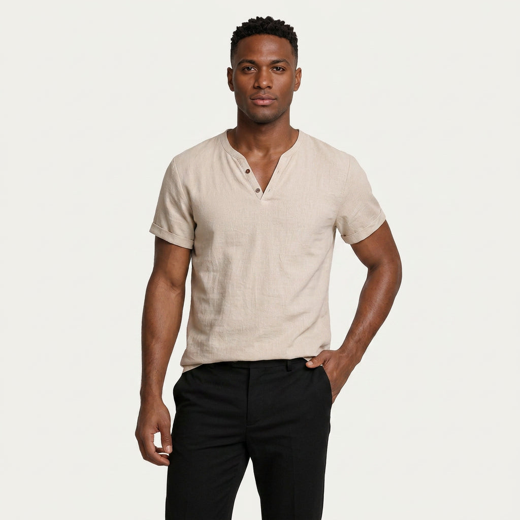 T-Shirt Henley Homme Col Boutonné Manches Courtes