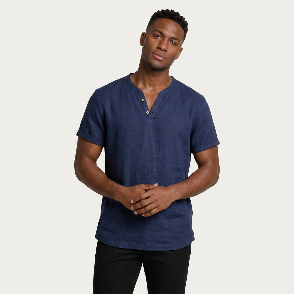 T-Shirt Henley Homme Col Boutonné Manches Courtes