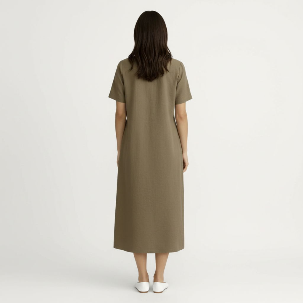 Robe Chemise Femme Midi Boutonnée Manches Courtes