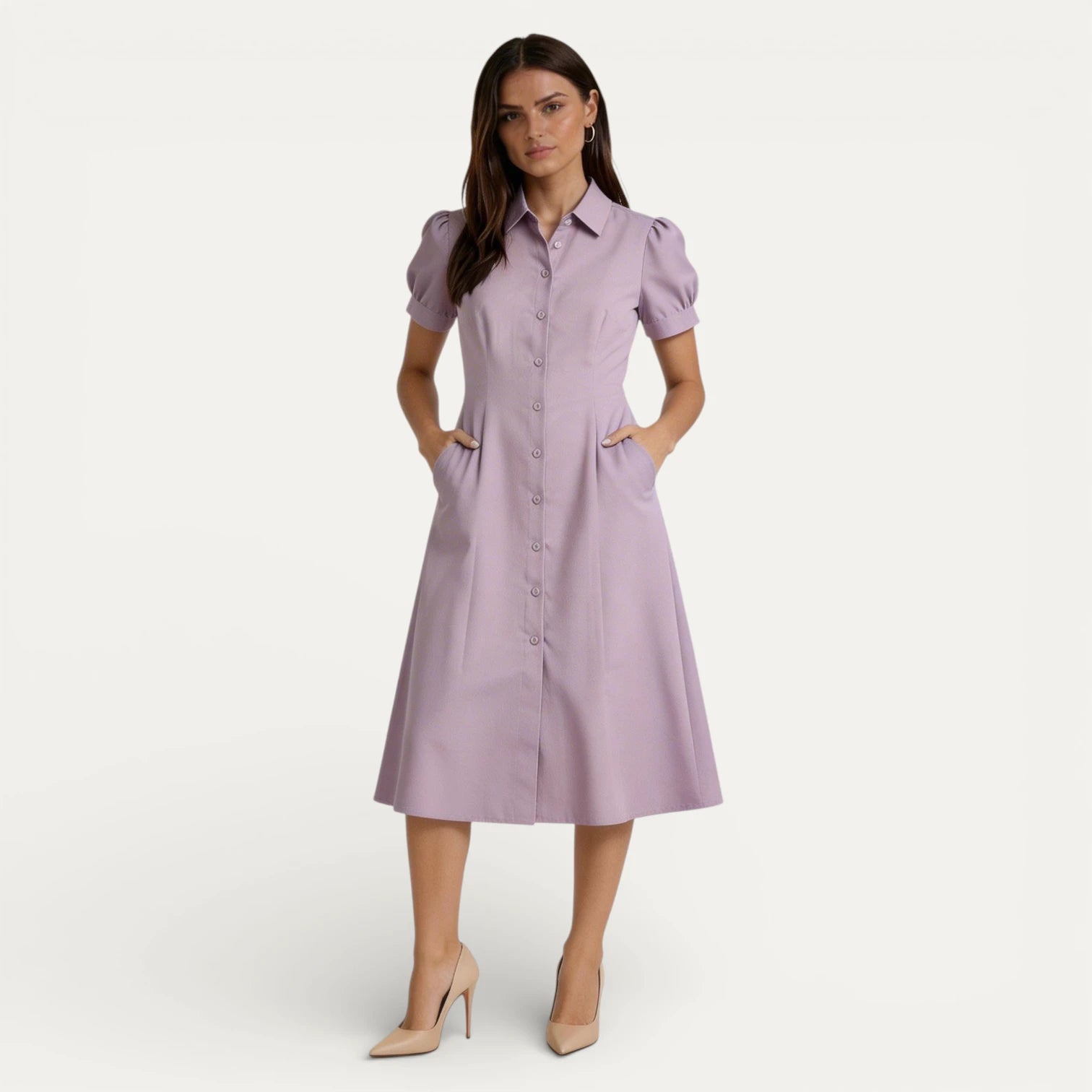 Robe Chemise Femme Boutonnée Manches Bouffantes Courtes
