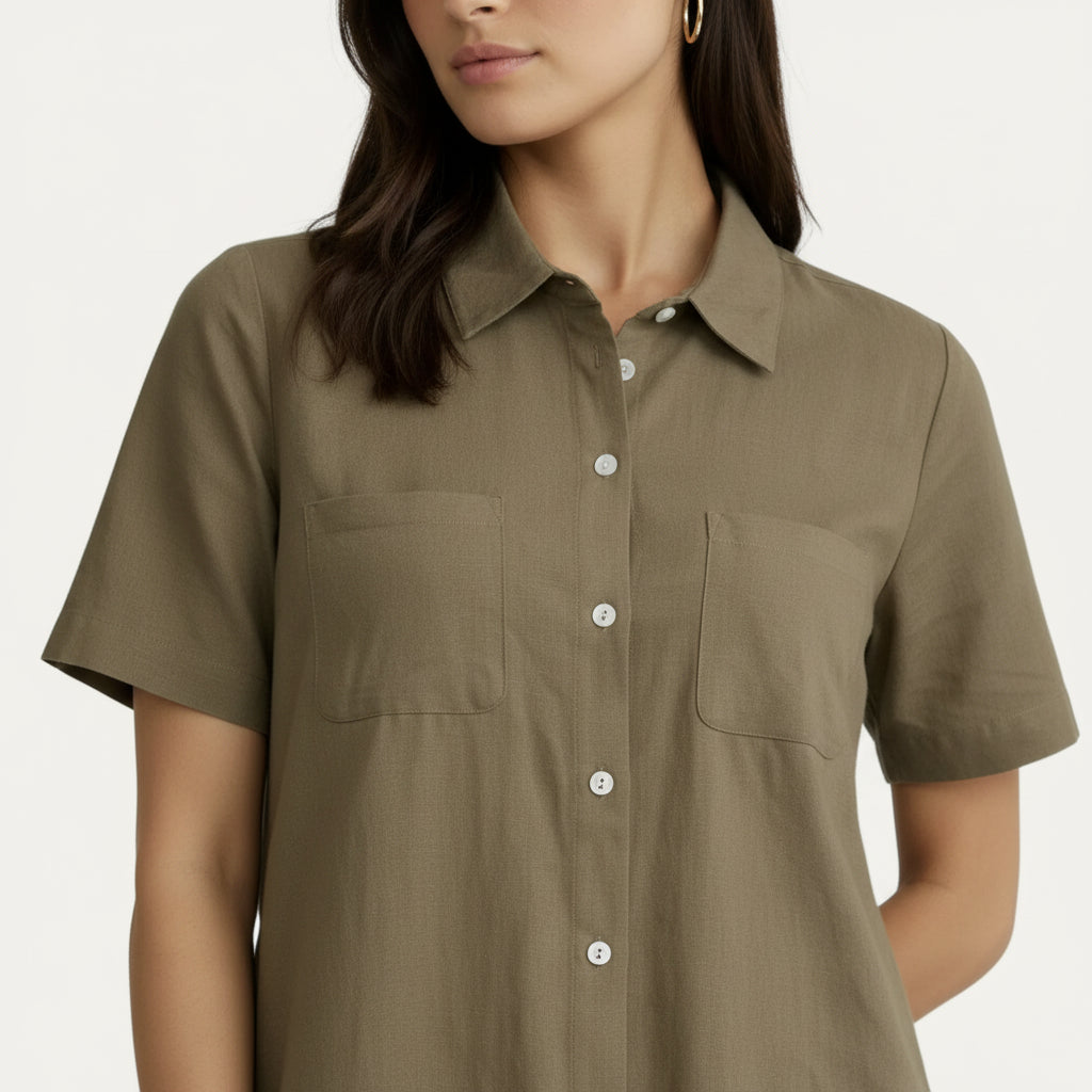 Robe Chemise Femme Midi Boutonnée Manches Courtes
