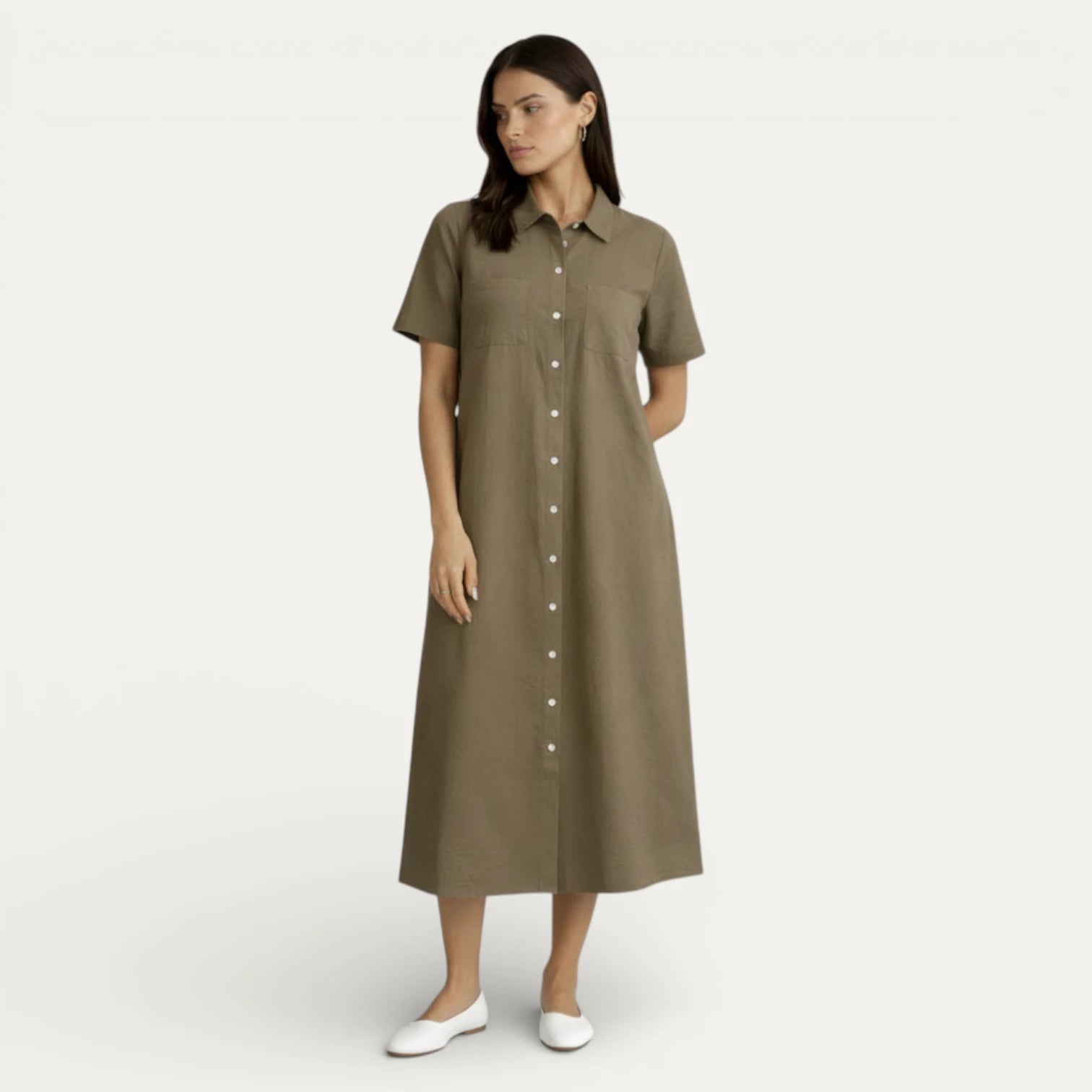 Robe Chemise Femme Midi Boutonnée Manches Courtes
