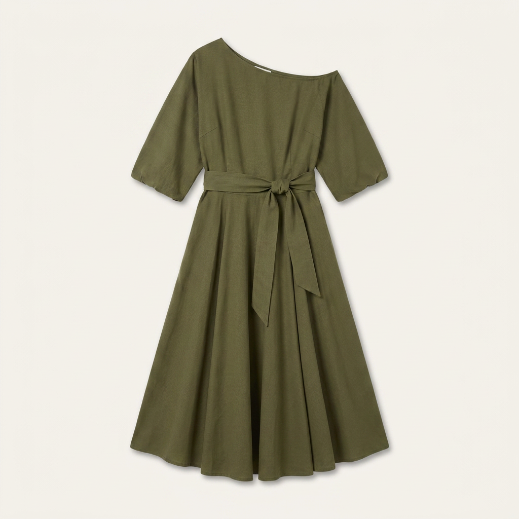 Robe Midi Femme Une Épaule Ceinture Nouée