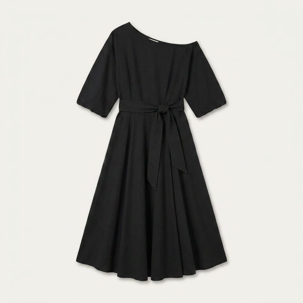Robe Midi Femme Une Épaule Ceinture Nouée