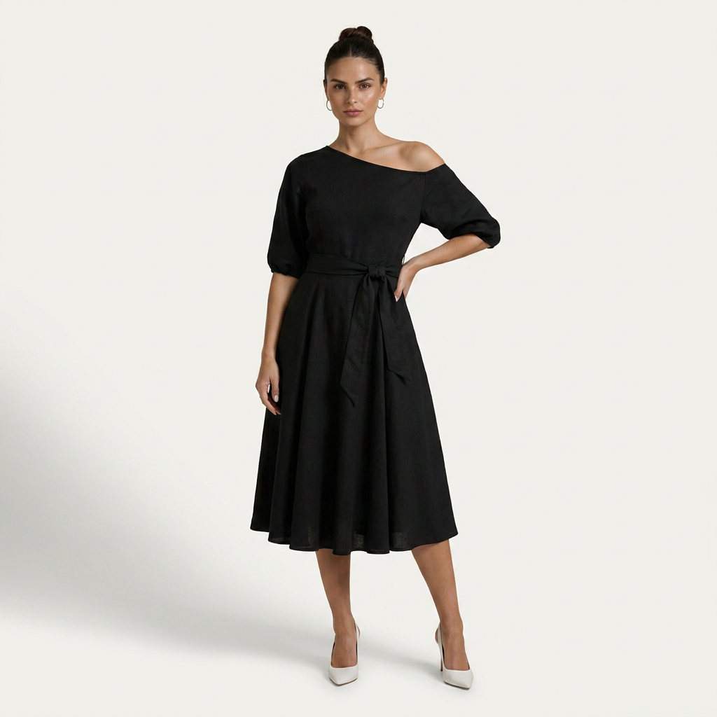 Robe Midi Femme Une Épaule Ceinture Nouée
