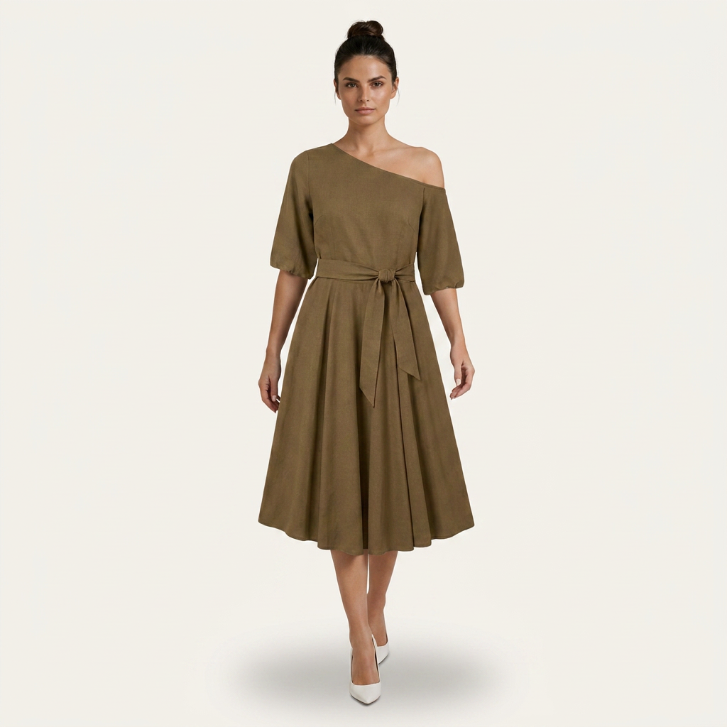 Robe Midi Femme Une Épaule Ceinture Nouée