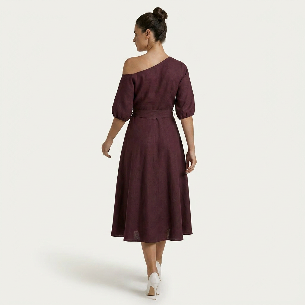 Robe Midi Femme Une Épaule Ceinture Nouée