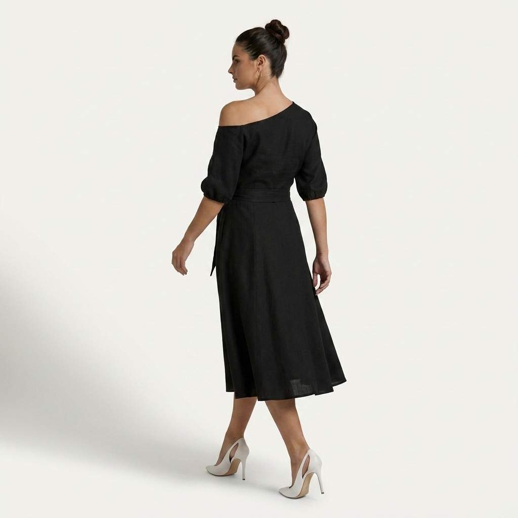 Robe Midi Femme Une Épaule Ceinture Nouée
