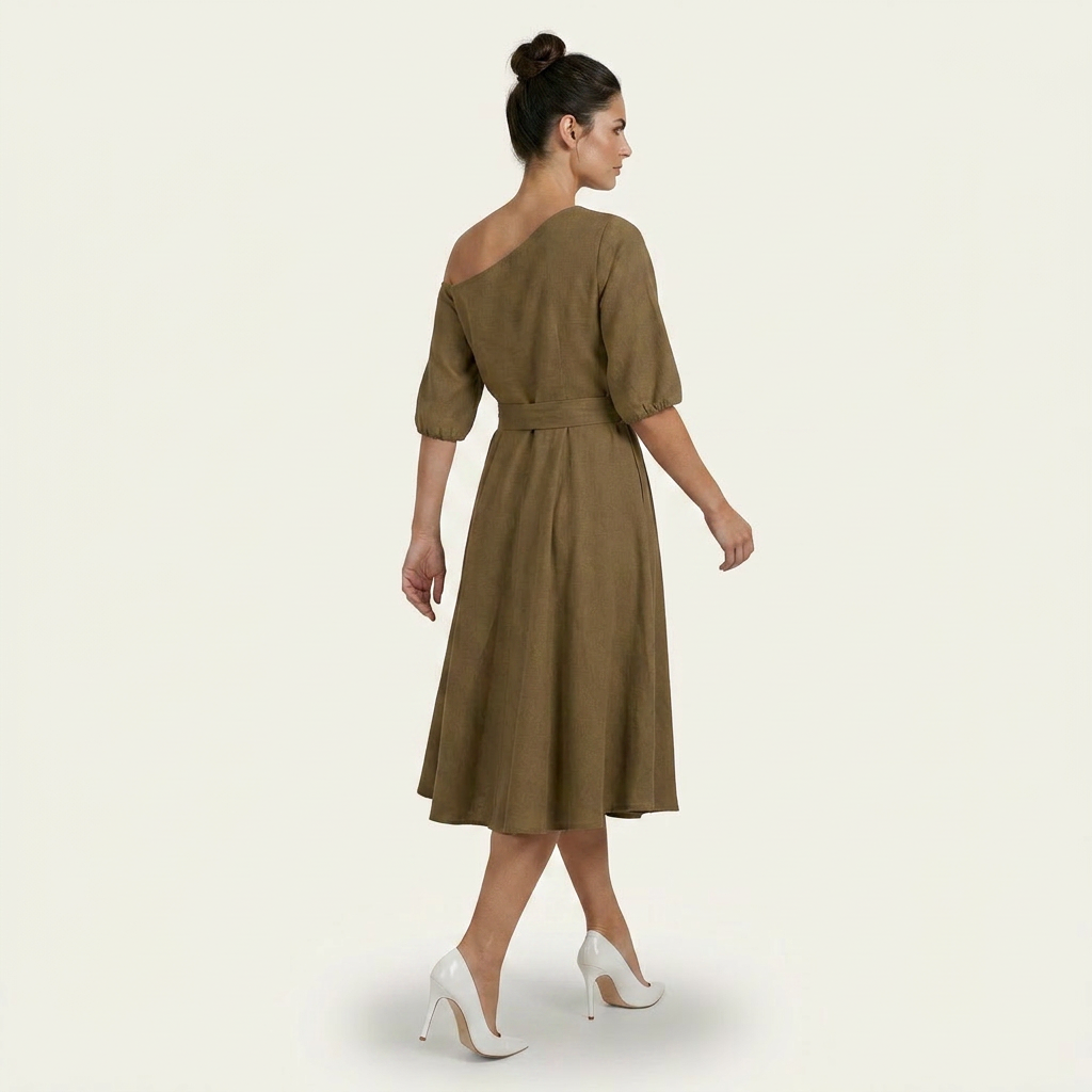 Robe Midi Femme Une Épaule Ceinture Nouée