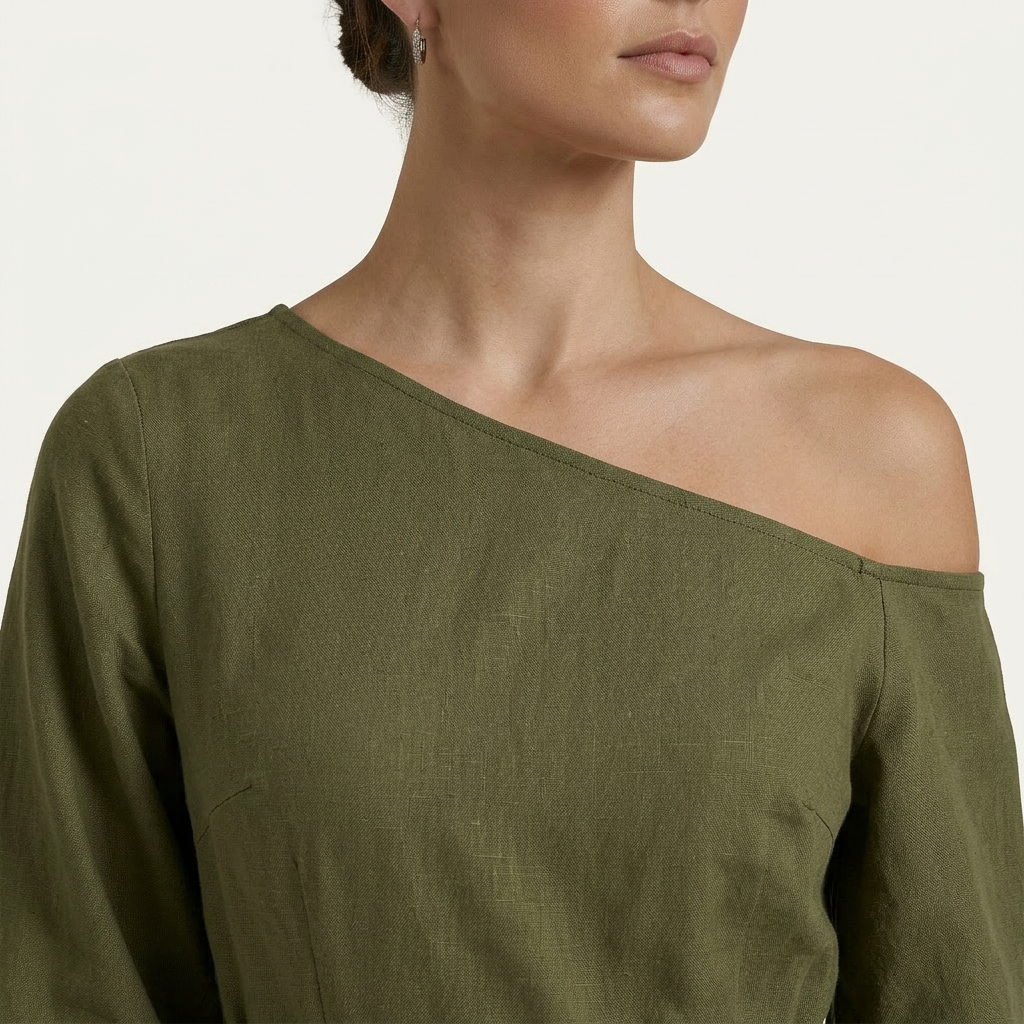 Robe Midi Femme Une Épaule Ceinture Nouée