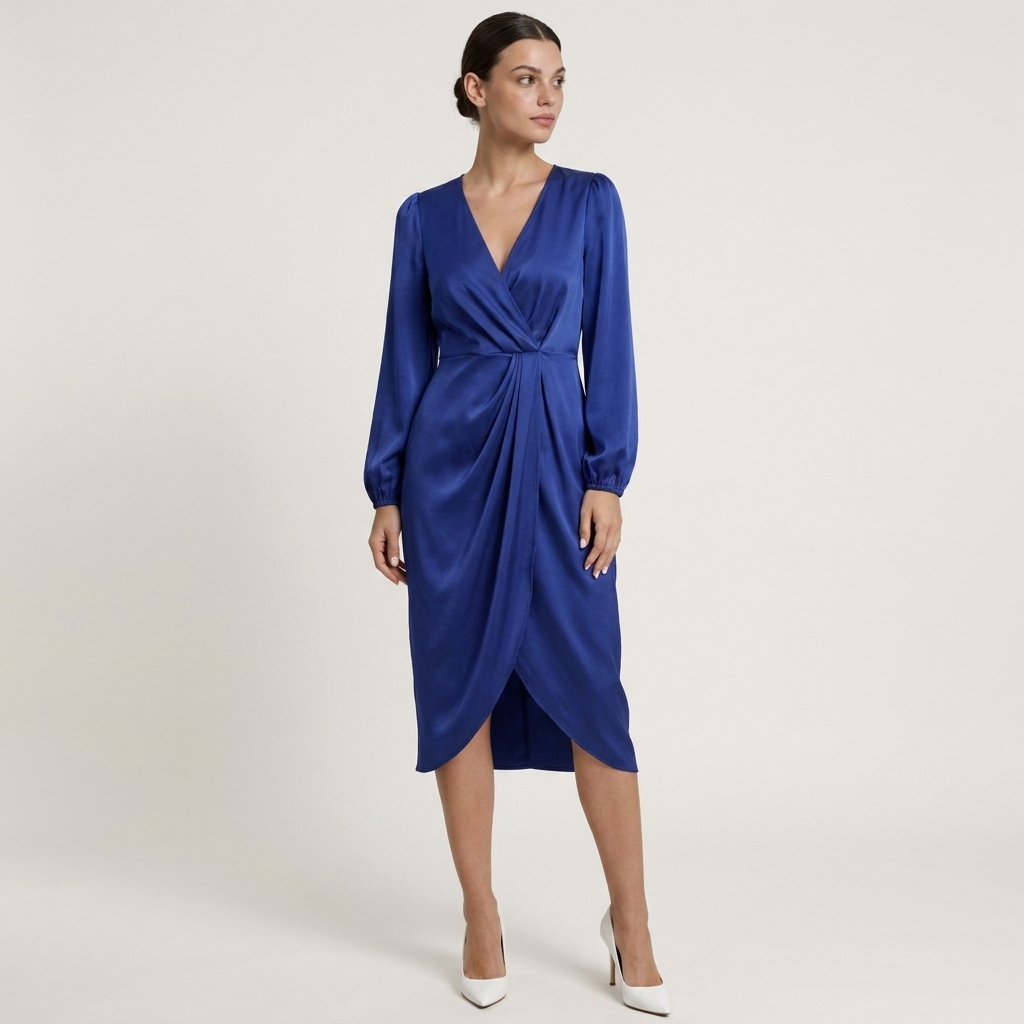 Robe Midi Femme Col V Croisé Drapé