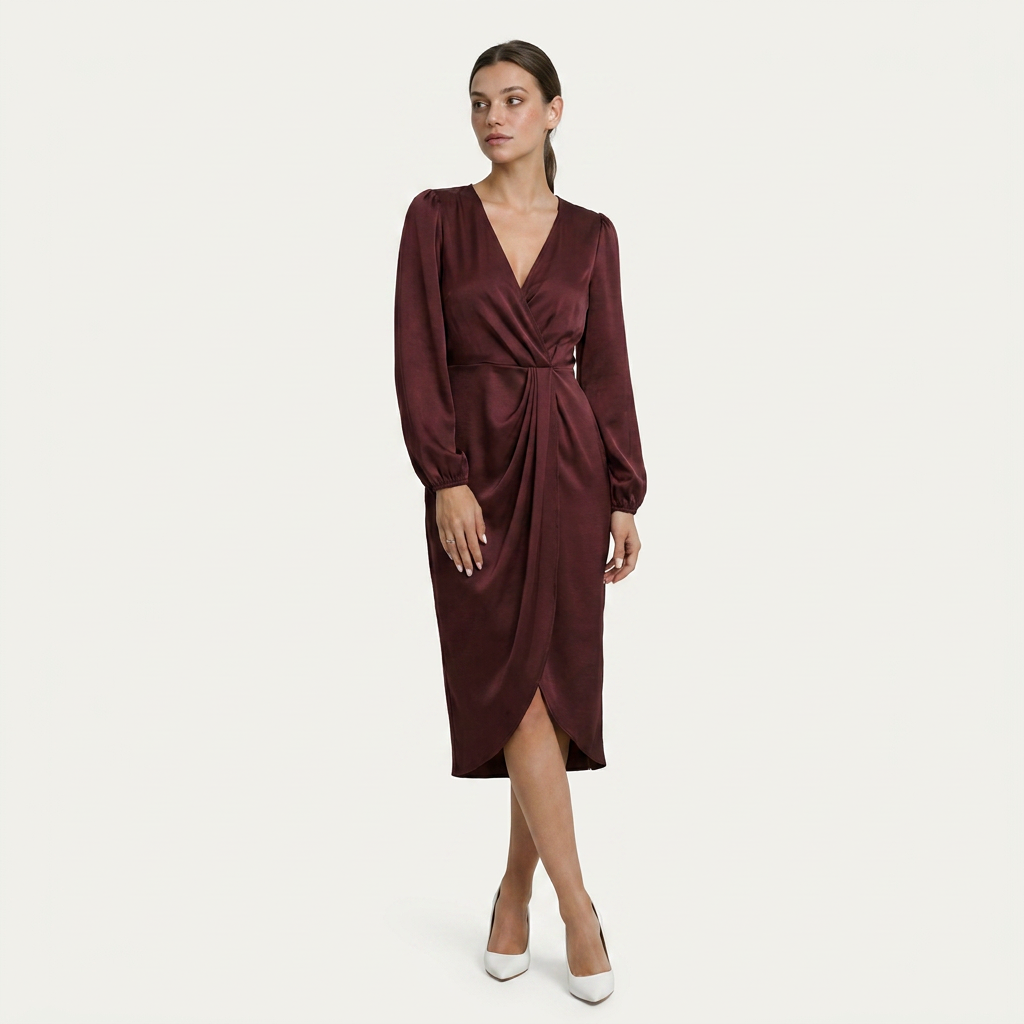 Robe Midi Femme Col V Croisé Drapé