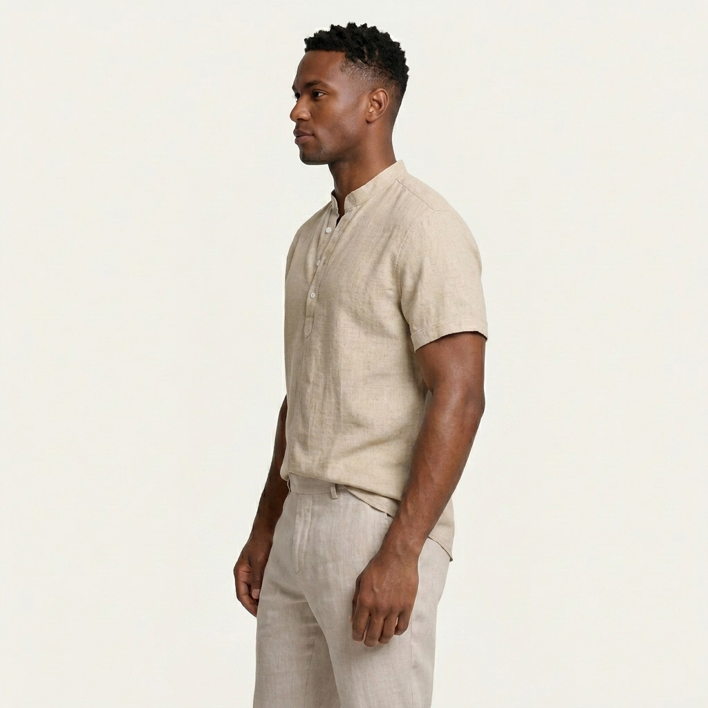 Chemise Henley Homme Manches Courtes Col Montant Texturée