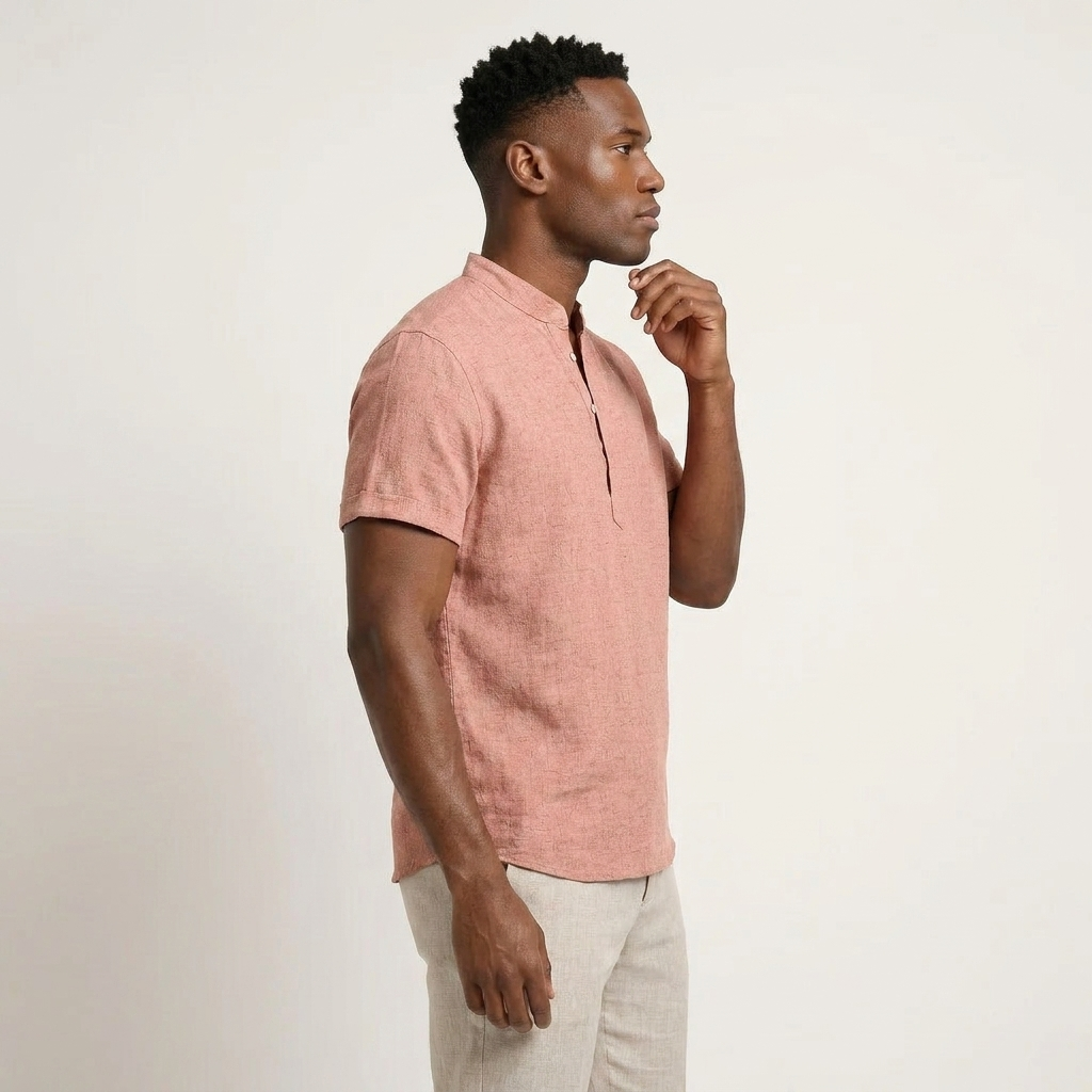 Chemise Henley Homme Manches Courtes Col Montant Texturée