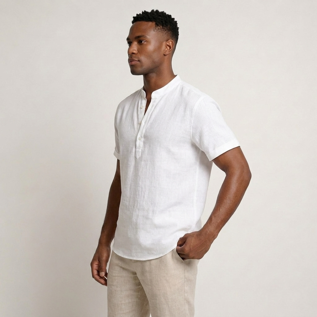 Chemise Henley Homme Manches Courtes Col Montant Texturée