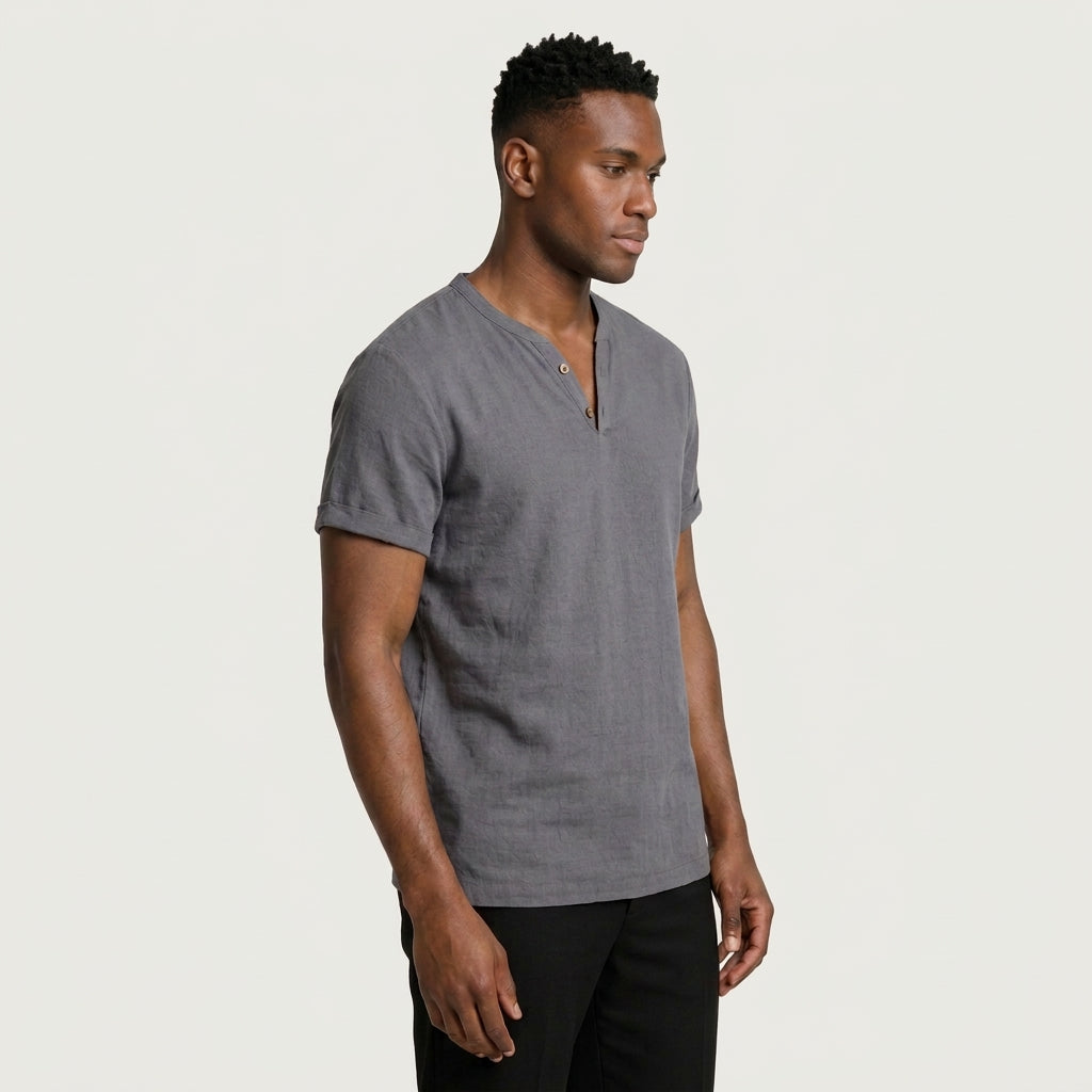 T-Shirt Henley Homme Col Boutonné Manches Courtes