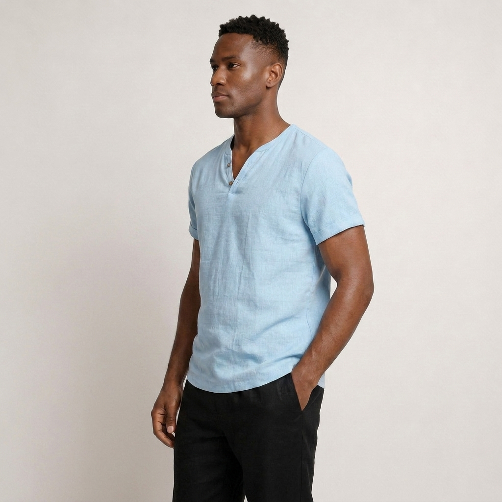 T-Shirt Henley Homme Col Boutonné Manches Courtes