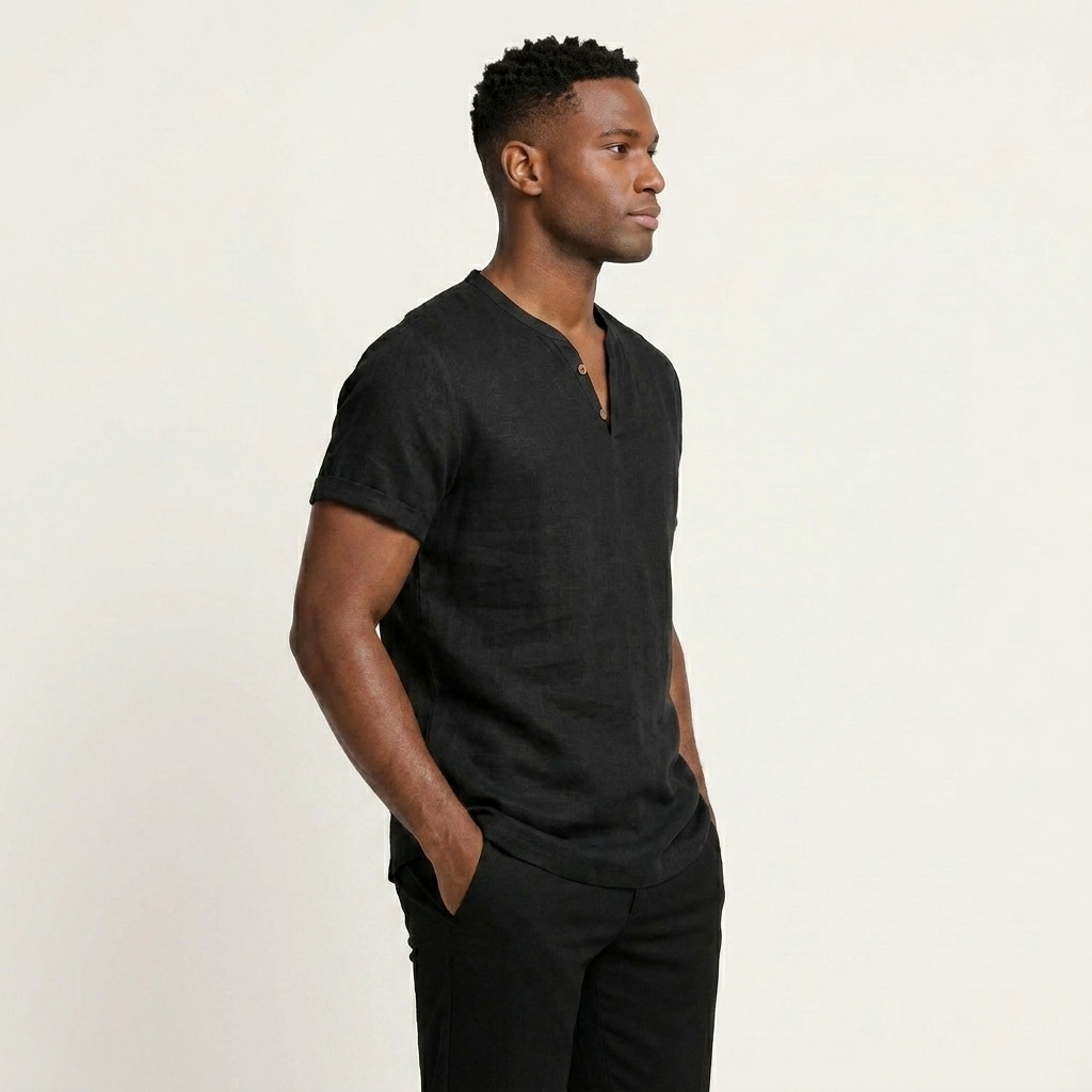 T-Shirt Henley Homme Col Boutonné Manches Courtes