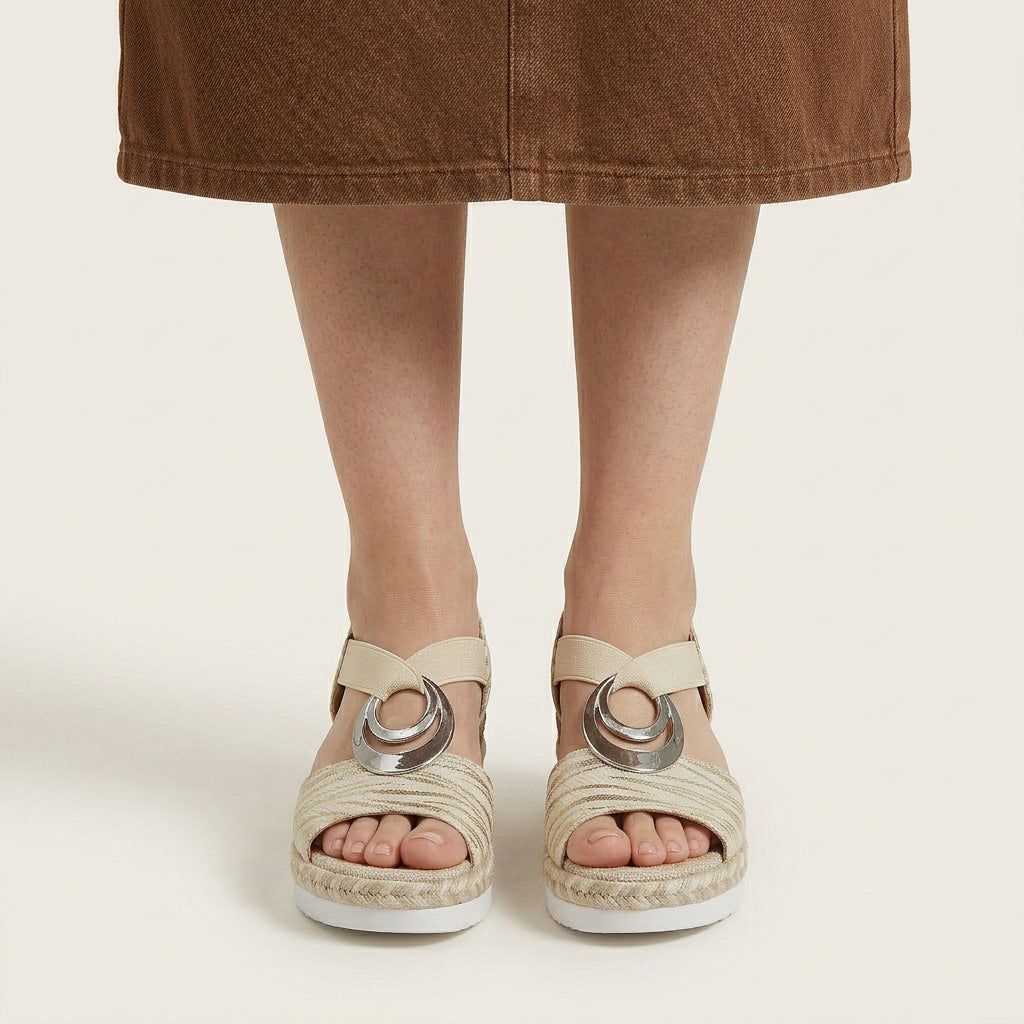 Sandales Compensées Femme Détail Métallique Bride Élastique