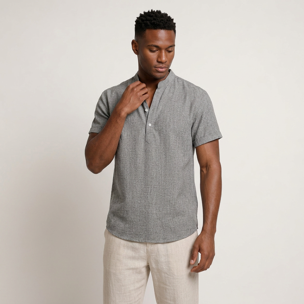 Chemise Henley Homme Manches Courtes Col Montant Texturée