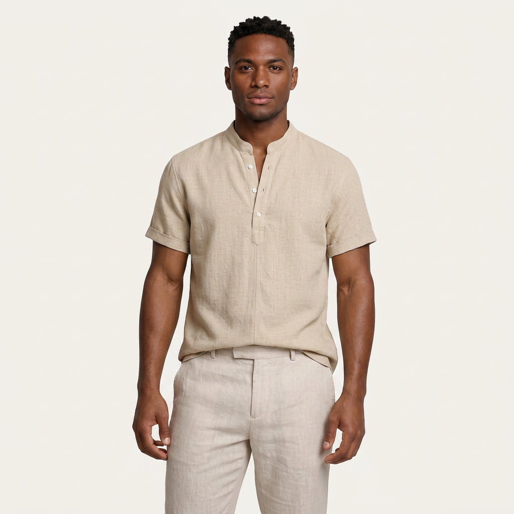 Chemise Henley Homme Manches Courtes Col Montant Texturée