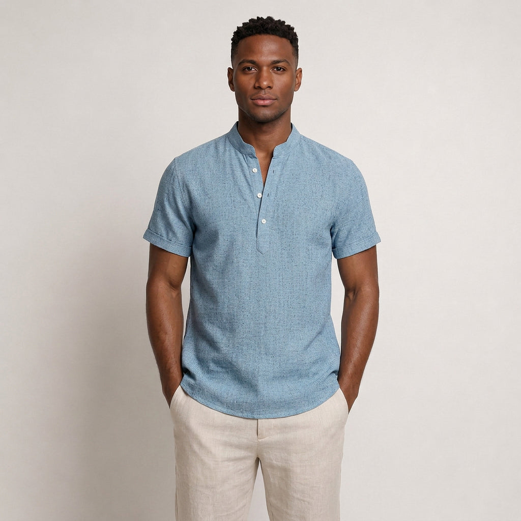 Chemise Henley Homme Manches Courtes Col Montant Texturée