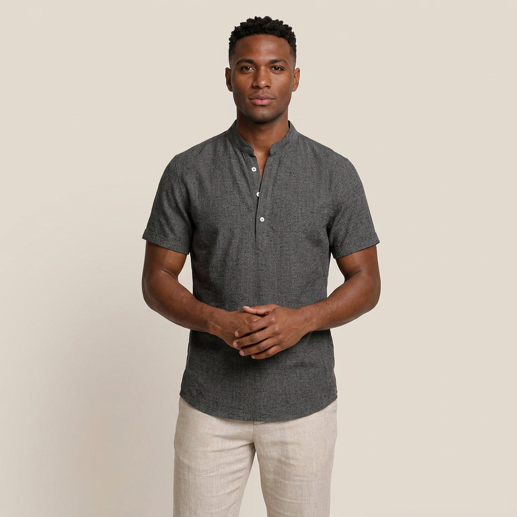 Chemise Henley Homme Manches Courtes Col Montant Texturée
