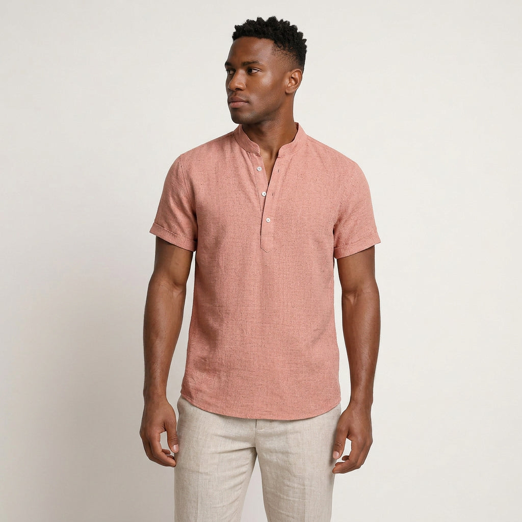 Chemise Henley Homme Manches Courtes Col Montant Texturée