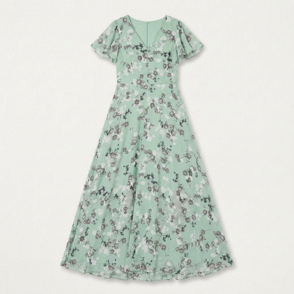 Robe Longue Fleurie Femme Col V Manches Volantes