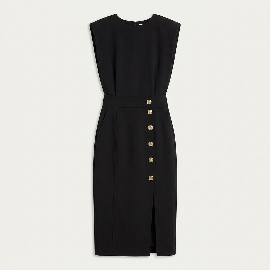 Robe Midi Sans Manches Femme Boutons Décoratifs