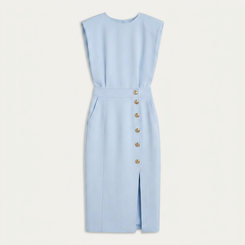 Robe Midi Sans Manches Femme Boutons Décoratifs